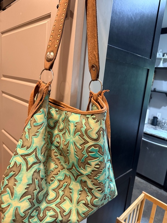 Double J Saddlery Handbags - Turquoise Patterned Shoulder Bag with Tan Suede Trim
